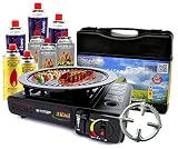 Gaskocher Campingkocher mit 8 Gaskartuschen Portable 2,5 KW + Grillaufsatz Grillplatte +  Phönix Gasherdkreuz + Koffer (Schwarz)