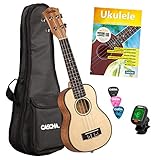 CASCHA Sopran Ukulele, Massive Fichtendecke, Solid Top, Hawaii Gitarre Starter Lern Set mit Zubehör, Aquila-Saiten, Anfänger Buch, Tasche, Stimmgerät und 3 Plektren