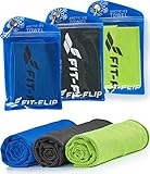 Fit-Flip Kühltuch 3er Set 100x30cm, Mikrofaser Sporthandtuch kühlend, Kühltuch, Cooling Towel, Mikrofaser Handtuch, Farbe: grün/dunkel blau/schwarz, Größe: 100x30cm
