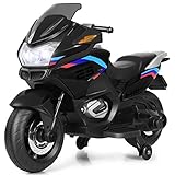 COSTWAY 12V Elektro Polizei Motorrad mit LED Scheinwerfer, Musik, Pedal, Vor- und Rückwärtsgang, Kindermotorrad mit Stützrädern, Elektromotorrad 3-7 km/h, für Kinder ab 3 Jahren (Schwarz)