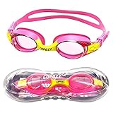 Kinder Schwimmbrille, COPOZZ Schwimmbrille für Kinder Junior Mädchen - Jahre 3 4 5 6 7 8 9 10 11 12 - Antibeschlag Wasserdicht UV Schutz - Mirror / Gespiegelte Klar linse - Wit Gratis Schutz Fall Rosa