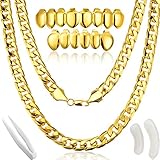 Gejoy Hip Hop Rapper Kostüm, Faux Gold Kette Halskette Klumpig Halskette mit Vergoldeten Gold für Mund Top Unterseite Hip Hop Zähne , 80/ 90s Punk/ Hip Hop/ Rapper Kostüm