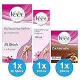 Veet Zuckerpaste zur Haarentfernung 250 ml + Veet Kaltwachsstreifen Beine & Körper für normale Haut 20 Stück + Veet Haarentfernungs Creme Silk und Fresh Normale Haut 100 ml