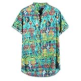 Luandge Herren-Stehkragen Persönlichkeitsdruck Farbblockierendes Hemd Klassisches einreihiges Retro-Streetwear-Kurzarmhemd XXL