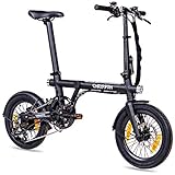 CHRISSON 16 Zoll E-Bike Klapprad ERTOS 16 schwarz-matt - E-Faltrad mit Hinterrad Nabenmotor 250W, 36V, 30 Nm, Pedelec Faltrad mit Schutzblechen für Damen und Herren, praktisches Elektro Klapprad