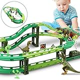 WOSTOO Dinosaurier Auto, Dinosaurier Spielzeug Autorennbahn Track Auto Kompatibel und 3 Dinosaurier Spielzeug, 1 Militärfahrzeuge Konstruktionsspielzeug für 3-5 Jahre alte Kinder Spielzeug Geschenk