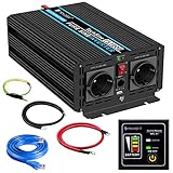 1000W KFZ Reiner Sinus Spannungswandler - Auto Wechselrichter 12v auf 230v Umwandler - Inverter Konverter mit 2 EU Steckdose und USB-Port - inkl. 5 Meter Fernsteuerung - Spitzenleistung 2000 Watt