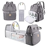 Baby Wickelrucksack Wickeltasche, Eccomum Rucksack Babysachen mit Wickelauflage für Unterwegs, Babytasche Windeltasche Baby Bett, Reiserucktasche Große Kapazität Wasserdicht, mit 4 Spielzeuge, Grau