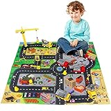 Fajiabao Cars Spielzeugauto Set mit Spielteppich Straße,Kran Spielzeug,Mini Pull Back Baustelle LKW Spielzeug,Kinder Spielzeug Geschenk für Jungen Mädchen ab 3 4 5 6 Jahren