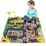 Fajiabao Cars Spielzeugauto Set mit Spielteppich Straße,Kran Spielzeug,Mini Pull Back Baustelle LKW Spielzeug,Kinder Spielzeug Geschenk für Jungen Mädchen ab 3 4 5 6 Jahren