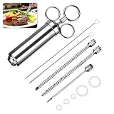 Charminer BBQ Bratenspritze 60ml mit 3 Nadeln,Marinadenspritze aus Edelstahl 304 Gewürzspritze Grill Reinigungsbürste Küchenhelfer für Fleisch Huhn Rind Gebäck mit Marmelade (Silber)