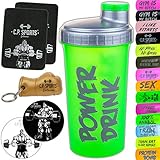 C.P. Sports Eiweiß Shaker 700ml, Protein Shaker, Mixer (neongrün – 100% anabol) + 1 PAAR Griffpolster 10x14cm + 1x Schlüsselanhänger + 2x Sticker – Fitness Training Bodybuilding