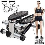 BSET BUY Mini Stepper,Twister Stepper mit Power Ropes,Stepper für Zuhause,Step Fitnessgeräte Verstellbare Treppenstufe LCD-Display Fitness-Trainingsgerät Indoor Workout (Silber)