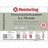 Meisterling® Edelstahl TerrassenSchrauben / TerrassenbauSchrauben / Universalschrauben 5 x 40 / 50 / 60 / 70 / 6 x 80 / 100 / 120 / 8 x 140 mm Edelstahl / INOX gehärtet, CUT-Spitze und Schneidkerbe, Reibeteil und Fräsrippen, 2/3 Grobgewinde, Linsensenkkopf 90° mit Torx-Antrieb TX-25 / TX-40