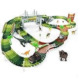 Dinosaurier Cars Rennbahn Kinder - Strax Bahn 216 Stück Flexible Autorennbahn Spielzeug Rennstrecke Kinder Autobahn Elektrisch für Kinder ab 3 4 5 6 Jahre