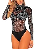 SEBOWEL Damen Sexy Strass Mesh Body Club Party Langarm Bodysuit Bluse Tops, Schwarzer Diamant, M