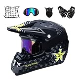 VOMI Motorrad Crosshelm mit Brille (5 Stück) - Schwarz/Rockstar - Adult Motocross Helm Erwachsener Off Road Fullface MTB Helm Mopedhelm Motorradhelm für Damen Herren Sicherheit Schutz,L