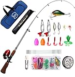 BNTTEAM Mini Spincasting Rollen-und Rutenkombinationen Tragbare Hand-und Crossbody-Box Teleskop Hartfaserglas Angelrute+Rolle+Köder+Angelschnur+Schere Angelset für Kinder Anfänger