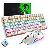 Mechanische Gaming-Tastatur, programmierbare, ultraleichte, mit Wabenkohle verkabelte 6400DPI-Spielmaus, Mäuse-Pad-Set, blaue, kabelgebundene weiße Tastatur mit 87 Tasten, RGB-Hintergrundbeleuchtung