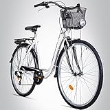 Bergsteiger Florenz 28 Zoll Damenfahrrad, ab 160 cm, Korb, Fahrrad-Licht, Shimano 7 Gang-Schaltung, Standlichtfunktion, Damen-Citybike, Damenrad im Retro-Design