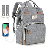 Baby Wickelrucksack Wickeltasche mit USB-Ladeanschluss und 2 Kinderwagengurten Multifunktional Große Kapazität Babytasche Reisetasche für Unterwegs (Grau)