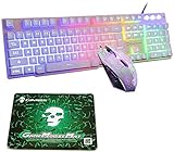 UrChoiceLtd Meyying T6 Regenbogen Hinterleuchtet Multimedia USB Spiel Tastatur + 2400DPI 6 Tasten Optisch Regenbogen LED USB Spiel Maus +Spiel Mauspads (Leuchtender Schlüssel, weiß)