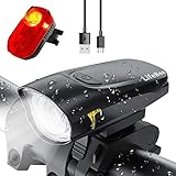 LIFEBEE LED Fahrradlicht Set, USB Wiederaufladbar Frontlicht und Rücklicht Set, Fahrradbeleuchtung, Wasserdicht Fahrradlampe Vorderlicht, 2 Modi Licht für Fahrrad - Schwarz