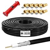 HB-DIGITAL 50m Koaxialkabel SAT HQ-135dB PRO inkl. Abisolierer + 10 F-Stecker vergoldet GRATIS dazu | Satellit Antennenkabel 4-Fach geschirmt | für DVB-S/S2 DVB-C/C2 DVB-T/T2 DAB+ Radio BK Anlagen