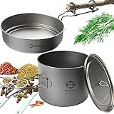 Bestargot Camping Titan Topf Pfanne Set mit Deckel,1600ml Titantopf und 500ml Bratpfanne mit Klappgriffe,Titanium Kochtopf Camping Geschirr Set,Outdoor Kochgeschirr