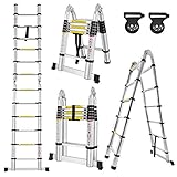 Froadp 380cm Alu-Teleskopleiter Klappleiter Multifunktion Anlegeleiter Mehrzweckleiter 12 Sprossen Gefaltete Höhe 87cm Hochwertigem Aluleiter 150 kg Belastbarkeit(Silber)