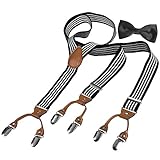 HBF Hosenträger mit den 6 starken Clips und Fliege KIT mehrfarbig elastisch Y-formig Länge für Damen und Herren Playshoes in verschiedenen Designs (Gestreift)