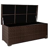 PREMIUM 'Sienna' 650l Polyrattan Garten Kissenbox wetterfest (regnet nicht rein) 155 x 73 x 60 cm, Auflagenbox mit verstärktem Deckel und Gasdruckfedern, als Sitztruhe oder Tischplatte, Java Braun