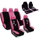 WOLTU 7247+AM7141 Auto Sitzbezug + Fußmatten, Komplettset, PET, Schonbezug für PKW mit Fussmatten Set, Matten, universal passend, Stickerei Butterfly, Super Design, Schwarz/Rosa