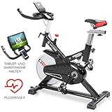 Miweba Sports Indoor Cycling MS200 Fitnessbike - 13 Kg Schwungmasse - Stufenfreie Widerstandsverstellung - Stoßdämpfer - Tablethalter (Schwarz)
