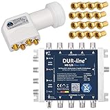 Multischalter DUR-line MS 5/8 Blue eco + Quattro LNB HB-DIGITAL UHD 414 S weiß + 24 Vergoldete F-Stecker | kein Netzteil notwendig | 1x Satellit und bis zu 8X Teilnehmer | Full HDTV 3D 4K UHD