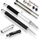 MEKO 3 in 1 Stylus Pen Eingabestift mit 2x Kugelschreiber,2x Fiber Tipps (Schwarz / Silber)
