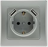 ChiliTec USB-Steckdose mit Berührungschutz 2xUSB Unterputz Schutzkontakt-Steckdose 250V / 16A USB-Port 5V / 2,1A Laden von Smartphone Tablet Grau Silber