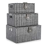 Set mit 3 geflochtenen Aufbewahrungskörben aus Rattan mit Deckel, seitlicher Griff, Organizer für Badezimmer, Wohnzimmer, Küche, Schlafzimmer (grau)