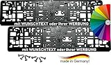Satz (2 Stück) Kennzeichenhalter - MIT INDIVIDUELLEM WUNSCHTEXT - PREMIUMQUALITÄT - mit abnehmbarer Klippleiste - inklusive 8 Befestigungsschrauben