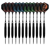 KOHMUI Dartpfeile, 12 Stück Steel Darts Pfeile Set, 23 Gramm Profi Steeldarts mit Metallspitze, Schwarz rutschfeste Eisenfass, Aluminium Schaft, 40 Flights, 24 Anti-lose Gummiringe, Dartpfeil Spitzer