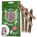 PRETTY KITTY 5X Katzenminze Sticks aus echtem Matatabi Holz als Katzenspielzeug zur Katzen Zahnpflege und gegen Mundgeruch der Katze, 5X Dental Stick Katzen Holz Kaustange