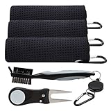 You&Lemon 3 Stck Mikrofaser Golf Handtuch + 1Stck Golfschläger Bürste + 1Stck Faltbare Golf Pitchgabel Set, 2-in-1Handtuch mit Karabiner, Golf Zubehör Set