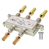 4-Fach Verteiler/Splitter inkl. 5 vergoldete F Stecker; für Sat, Kabel TV, DVB T und UKW; HDTV; Metall-Gussgehäuse