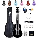 Winzz Sopran Ukulele Starter Kit für Anfänger mit Tasche, Clip-On Tuner, Zusätzlichen Saiten, Gurt, Plektron, Griffbrettaufkleber, Akkord-Karte, Poliertuch Schwarz