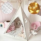 Tiny Land Tipi Spielzelt für Kinder mit Matte & Lichterkette & Aufbewahrungstasche Baumwolle- Segeltuch Kinderzelt (Weiß 165cm Hoch)
