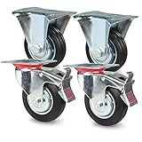 Transportrollen Schwerlastrollen 4 Stück| 2x Bockrollen & 2x Lenkrolle mit Bremse | 160mm Durchmesser | Gummi Schwarz | Vollgummi mit Stahlfelge