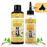 Peticare Hunde Spezial Pflege-Set bei Juckreiz Milben Flöhe - Effektive Lotion 100 ml & Shampoo 250 ml gegen Jucken Geruch Pilz-Befall Floh-Befall, auch für Welpen, rein pflanzliche Inhaltsstoffe