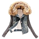 FunAloe Damen Winter Jeansjacke mit Fell, Gestrickte Baumwolle Sweatjacke Plüsch Mantel mit Nähte Stricken Ärmel,Winterjacke Große Größen Warm Gefüttert Denim Jacket Jeansjacke Sexy