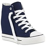 stiefelparadies Damen Sneakers Keilabsatz Sneaker-Wedges Stoffschuhe Schnürer 139812 Dunkelblau Blue 40 Flandell