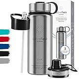 Trinkflasche Edelstahl ACTIVE FLASK + Strohhalm (3 Deckel) BPA-frei, Auslaufsicher, Kohlensäure geeignet - Wasserflasche Fahrrad Thermosflasche Isoliert Isolierflasche Sport Wasser Flasche Kinder Tee